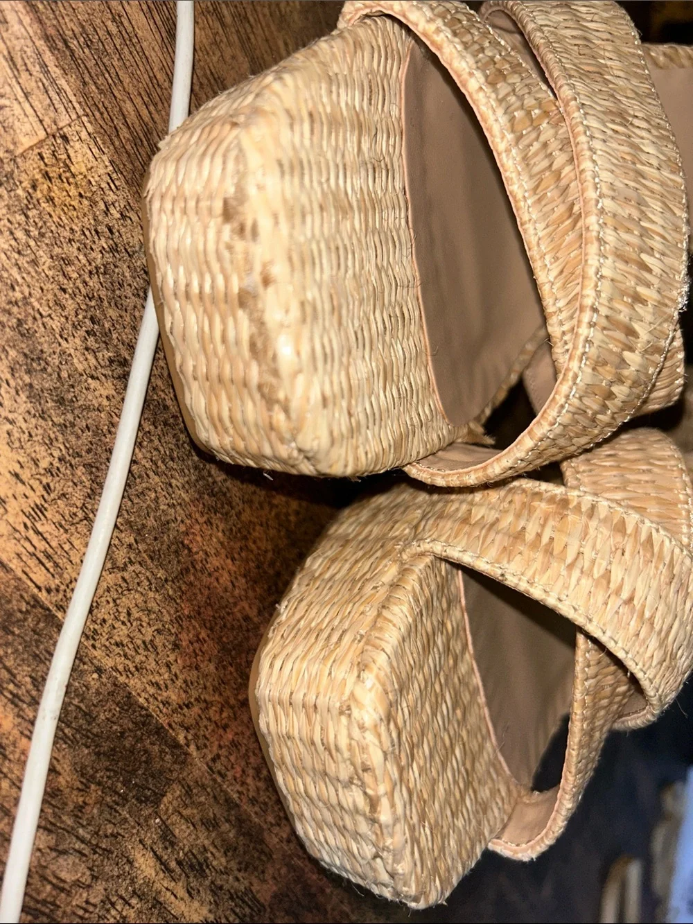 Woven Espadrille Platform Sandals in Beige with Ankle Strap